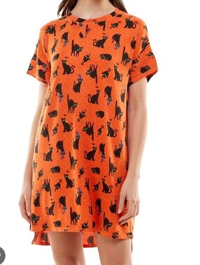 Orange Celebrate Halloween Cat Purple Hat Print T-Shirt Dress 2X 18W-20W